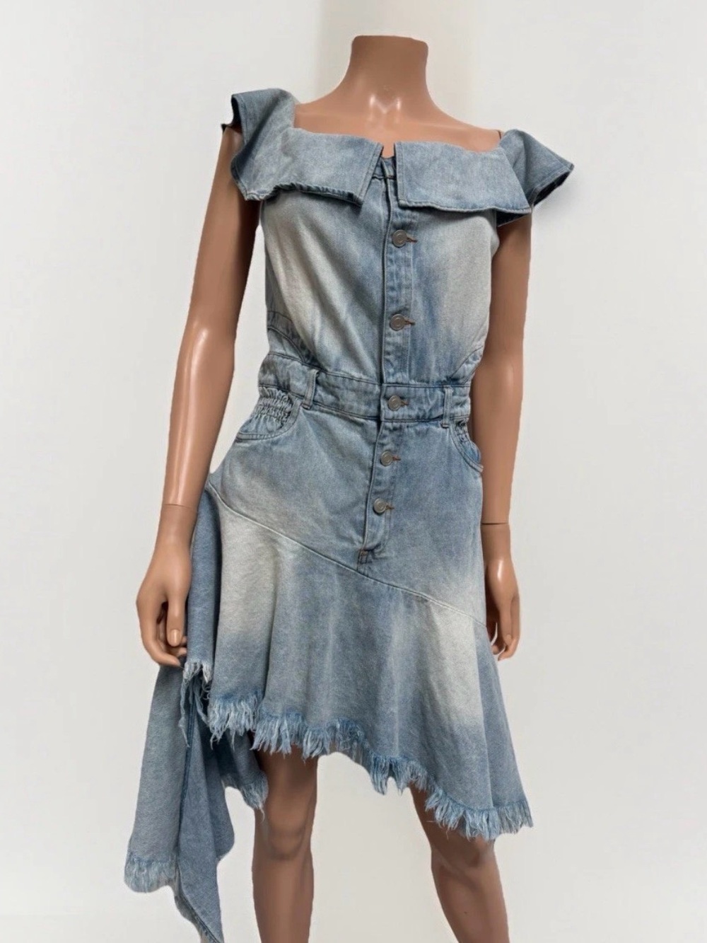 Light Blue Denim Off-Shoulder Button-Front Dress Women’s Size L